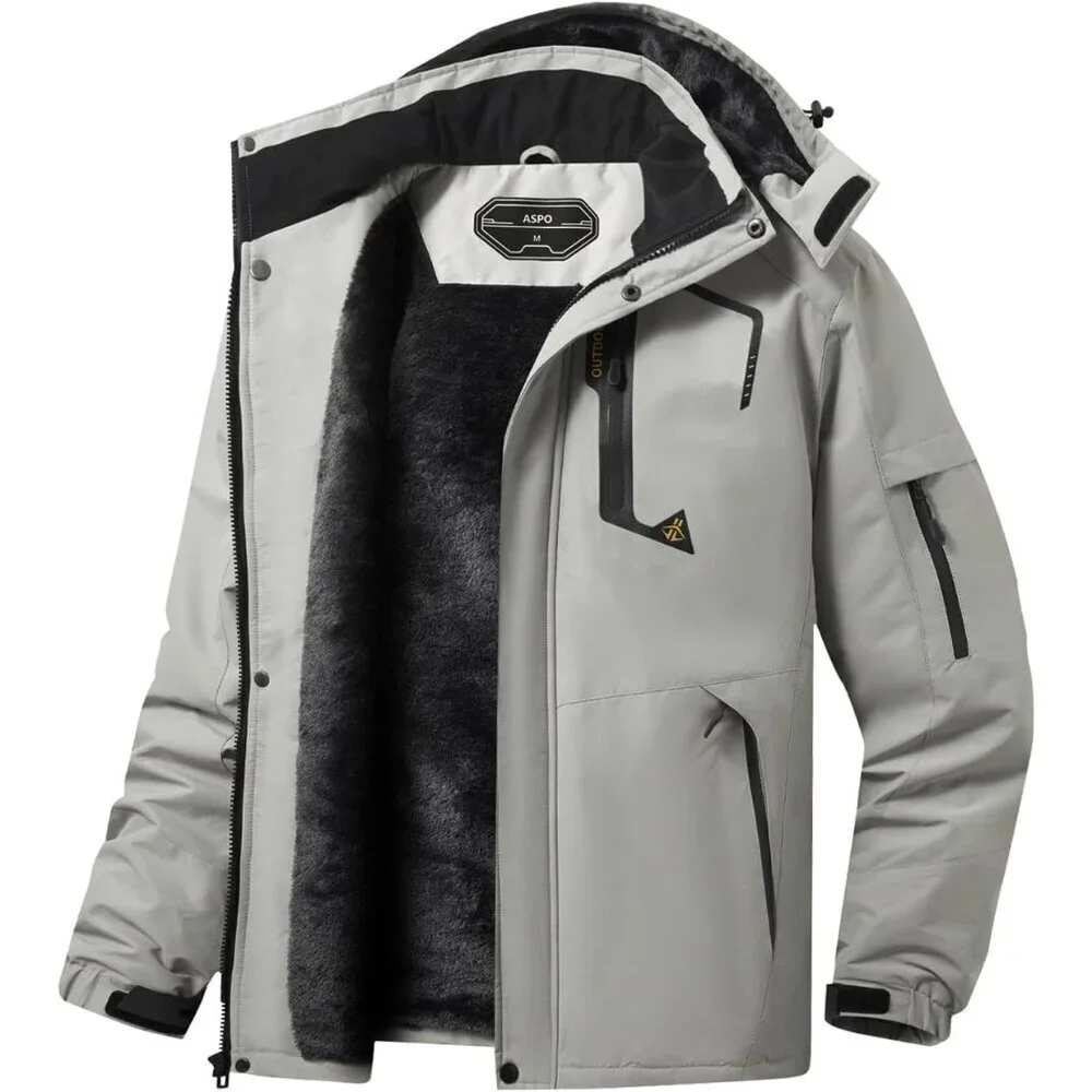 Men's Light Grey Waterproof Winter Warm Snow Coat Fleece Lined Hiking Ski Jacket